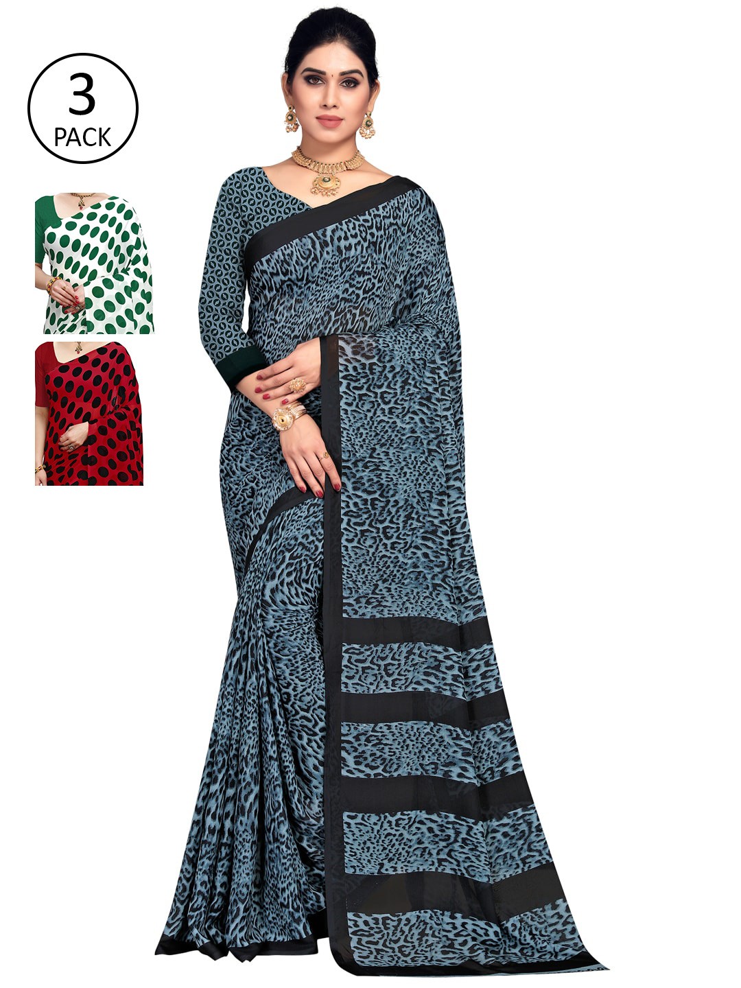 

KALINI Pack of 3 Printed Sarees, Red