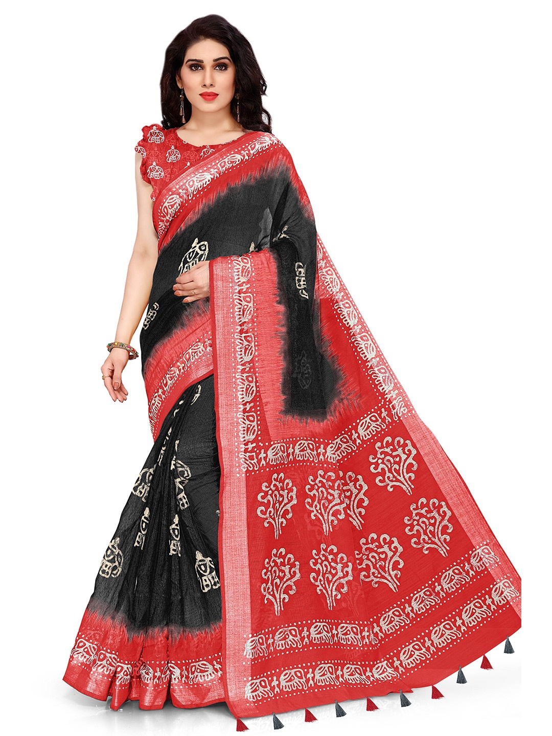 

KALINI Black & Red Batik Zari Polycotton Saree