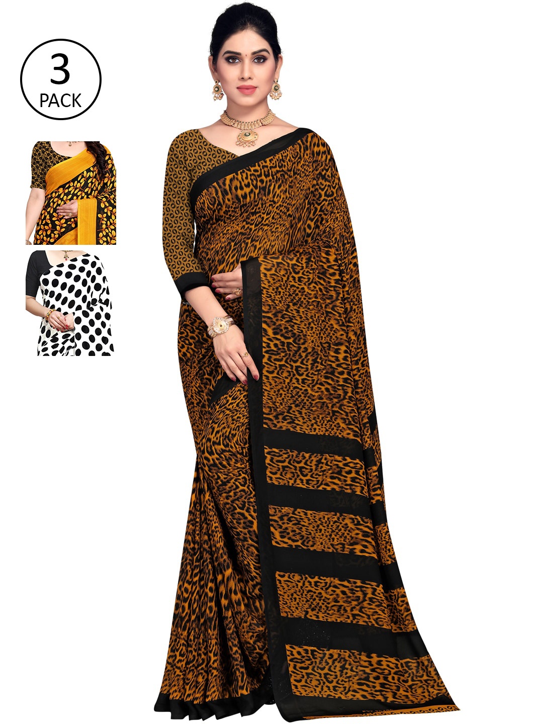 

KALINI White & Yellow Pack of 3 Printed Sarees
