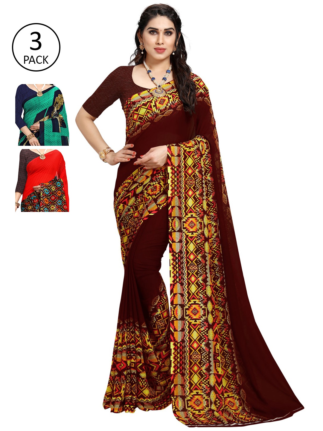 

KALINI Women Pack of 3 Multicolor Poly Georgette Printed Saree, Brown