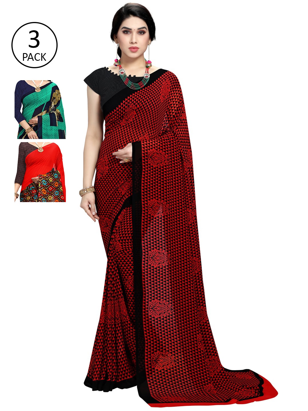

KALINI Red & Brown Pack of 3 Printed Sarees