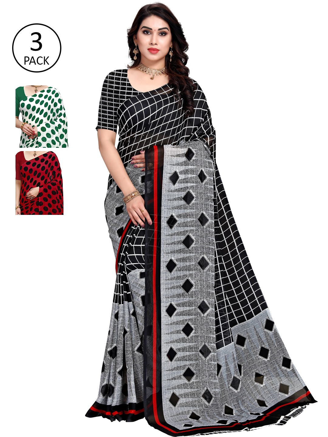 

KALINI Pack of 3 Printed Sarees, Red