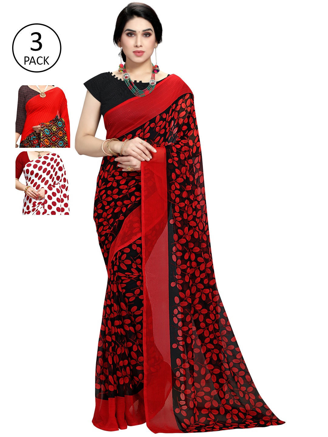 

KALINI Pack Of 3 Printed Poly Georgette Sarees, White
