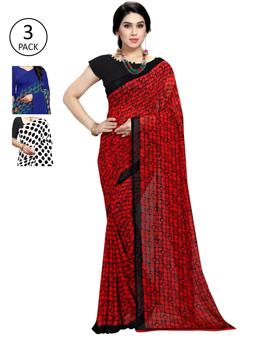 

KALINI Pack Of 3 Printed Sarees, Red