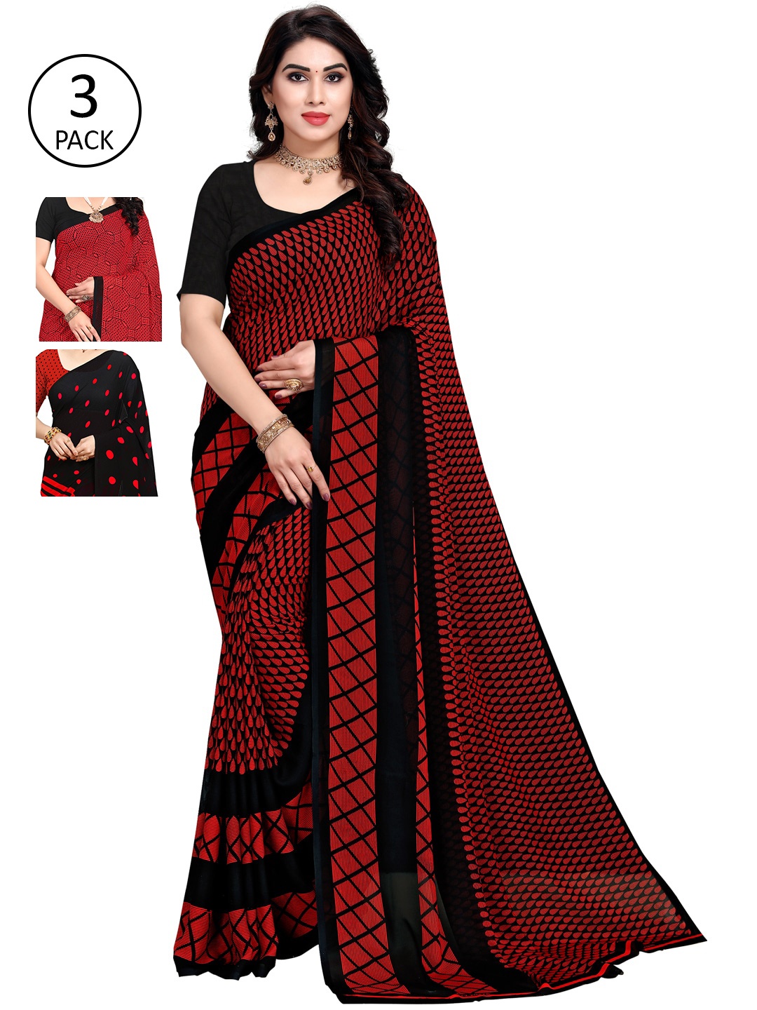 

KALINI Pack of 3 Printed Sarees, Red