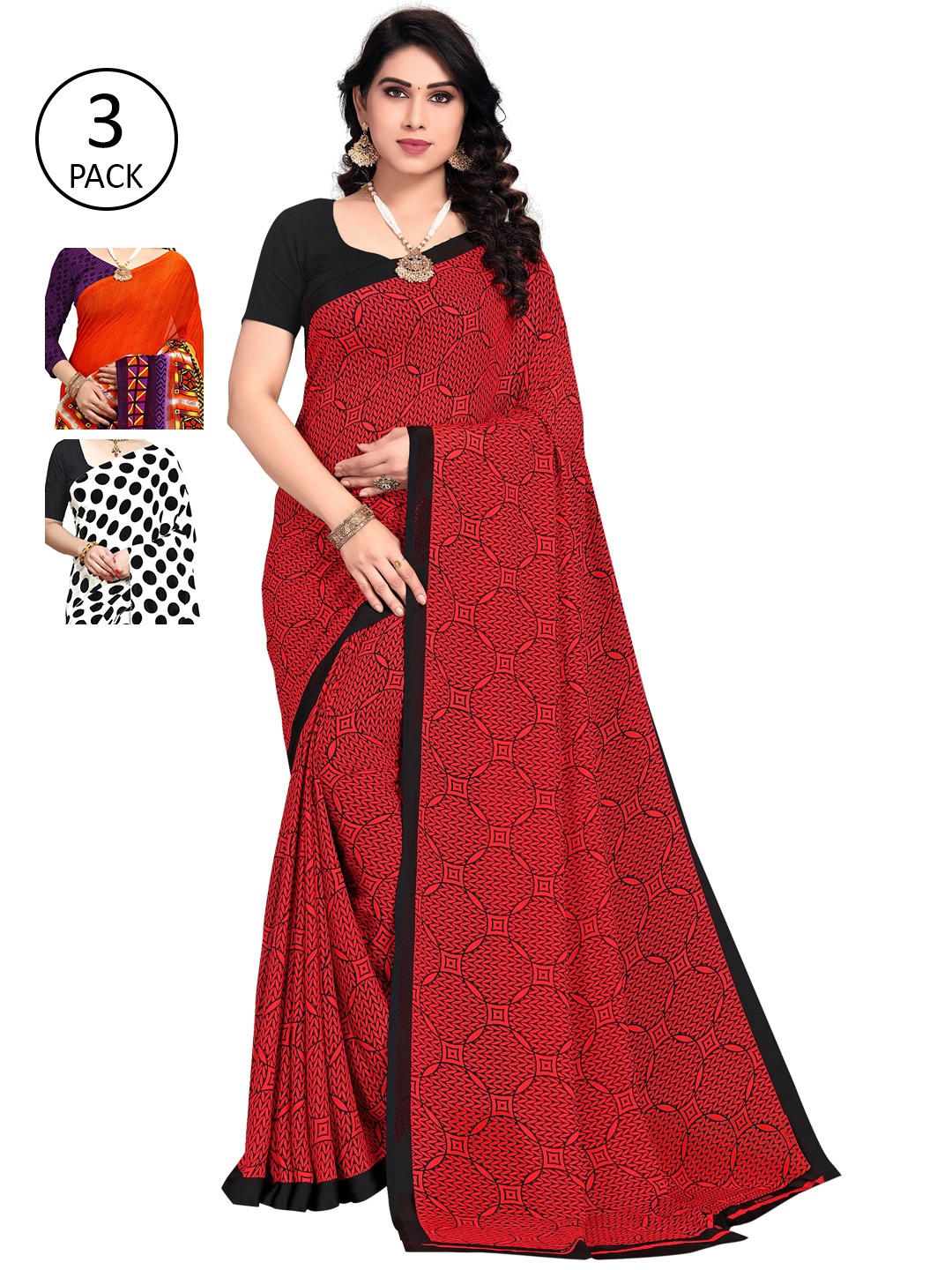 

KALINI Women Pack of 3 Printed Sarees, White