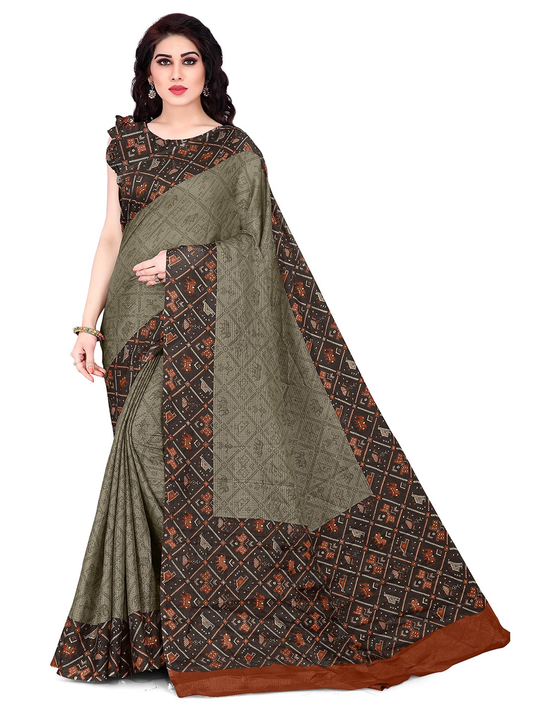 

KALINI Khaki & Brown Embellished Supernet Saree