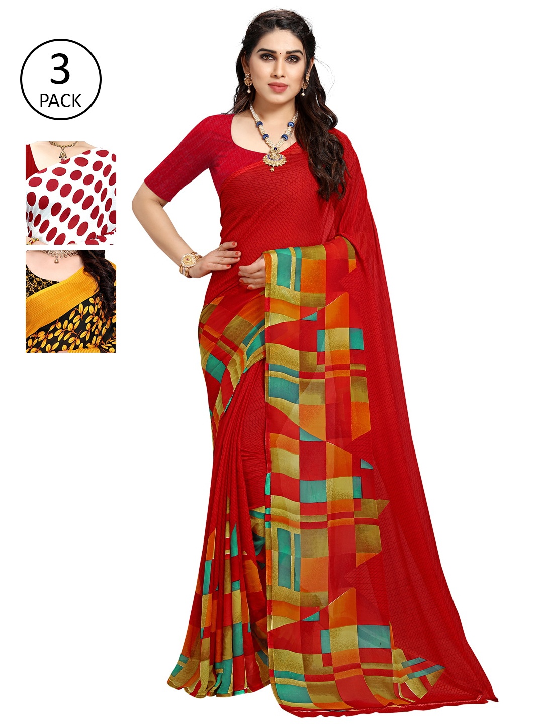 KALINI Pack of 3 Poly Georgette Sarees, Yellow