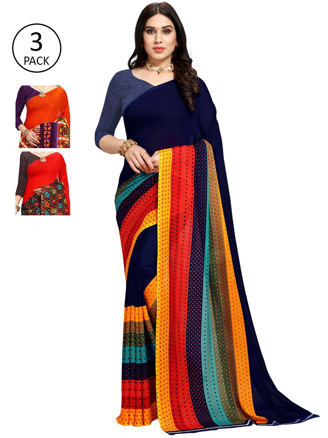 

KALINI Women Pack of 3 Multicolor Poly Georgette Printed Saree, Navy blue