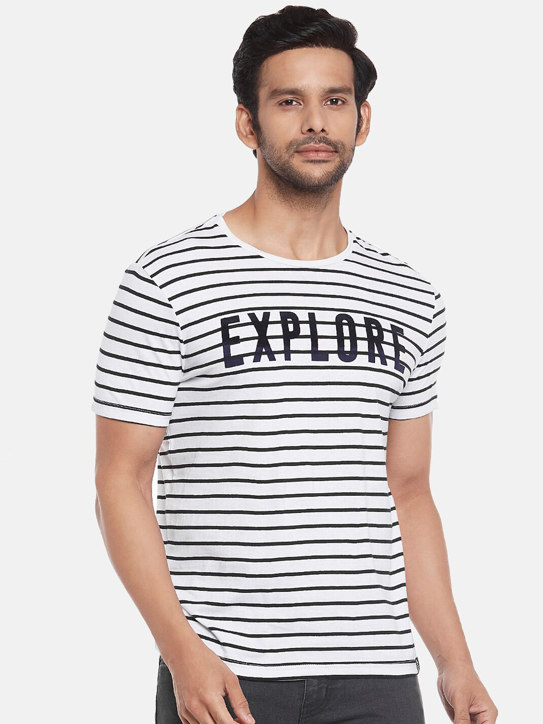 

People Men White Striped Applique T-shirt