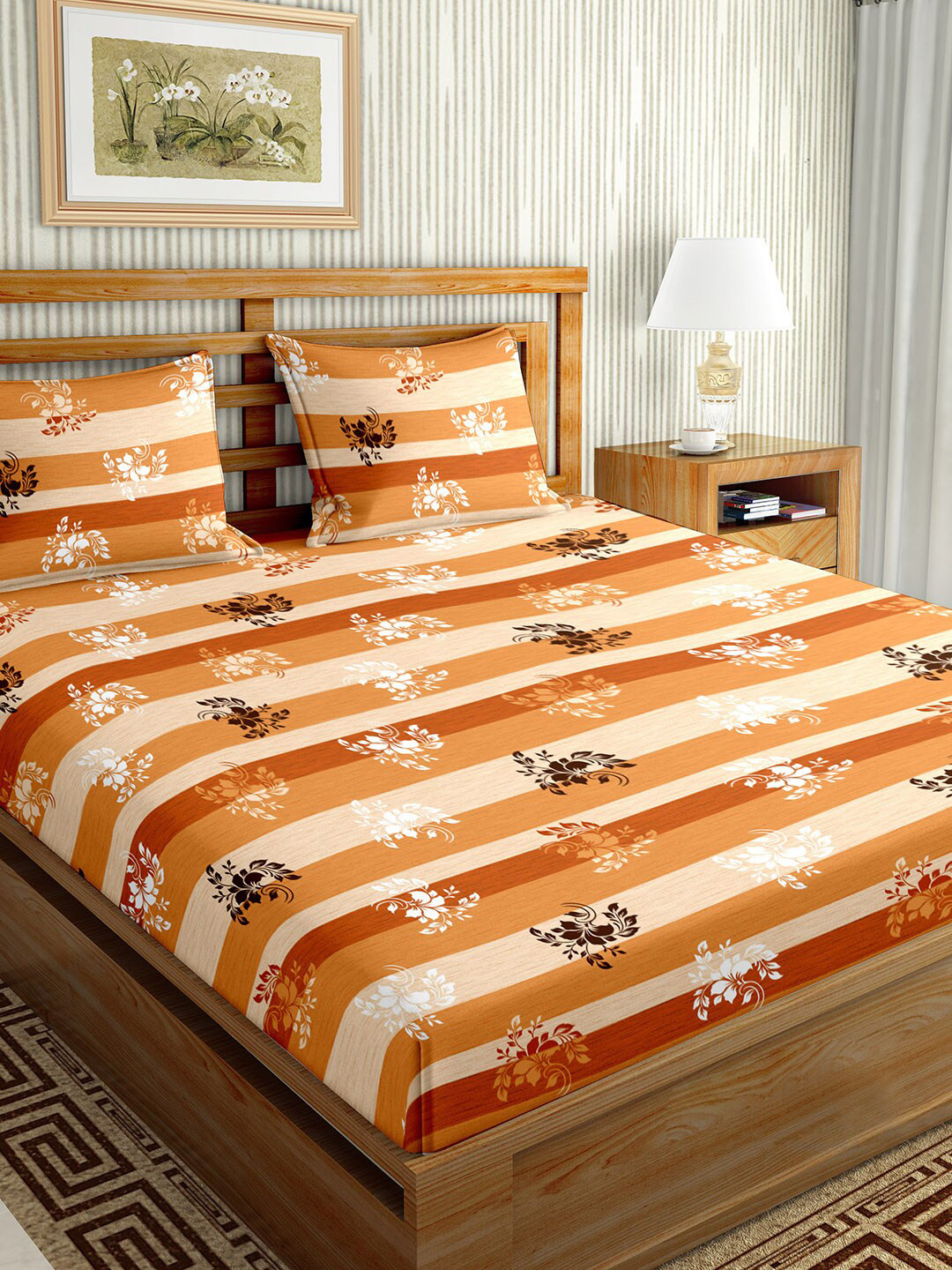 

BELLA CASA Orange & White Floral 180 TC King Bedsheet with 2 Pillow Covers