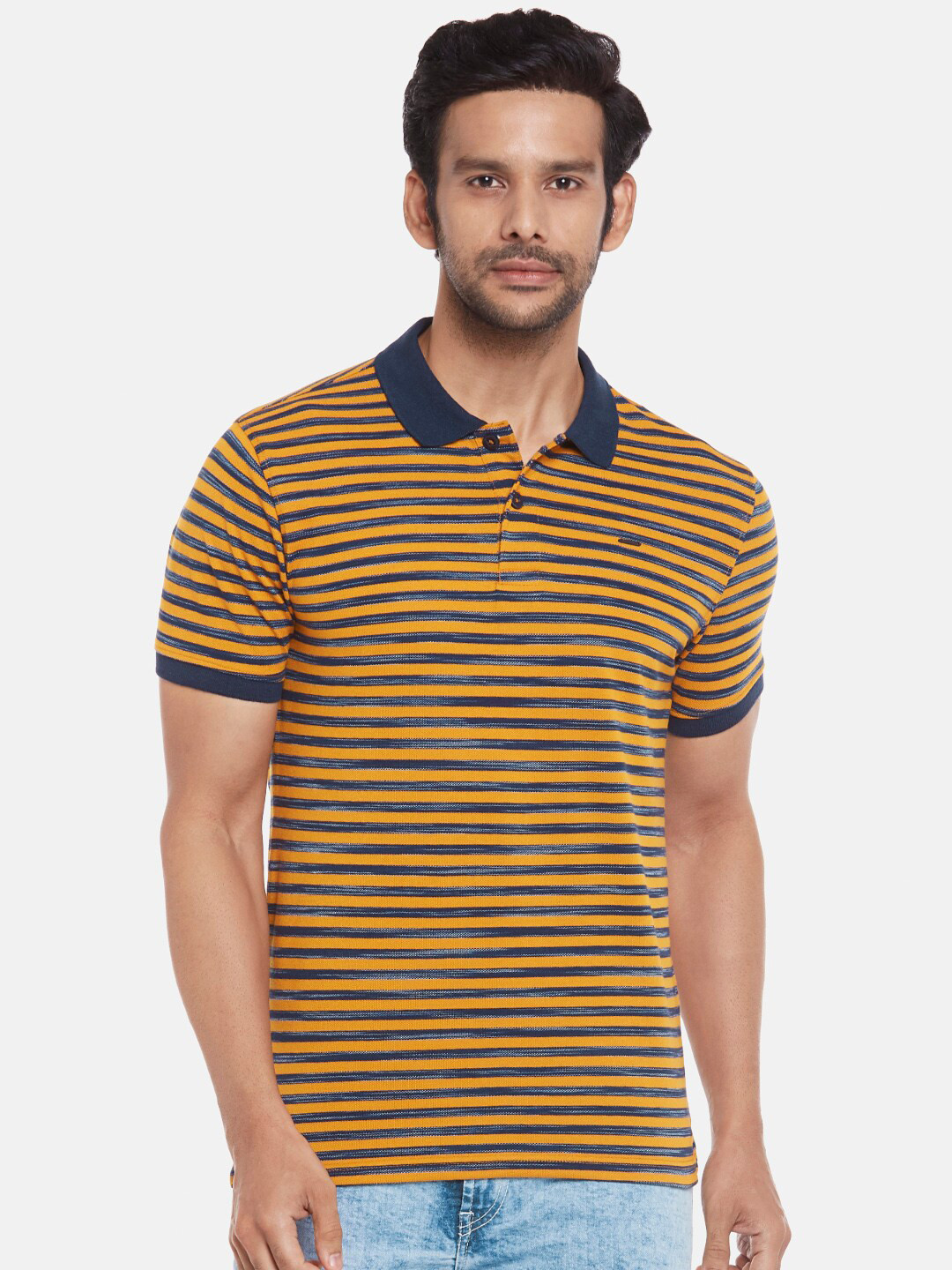 

People Men Mustard Yellow Striped Polo Collar T-shirt