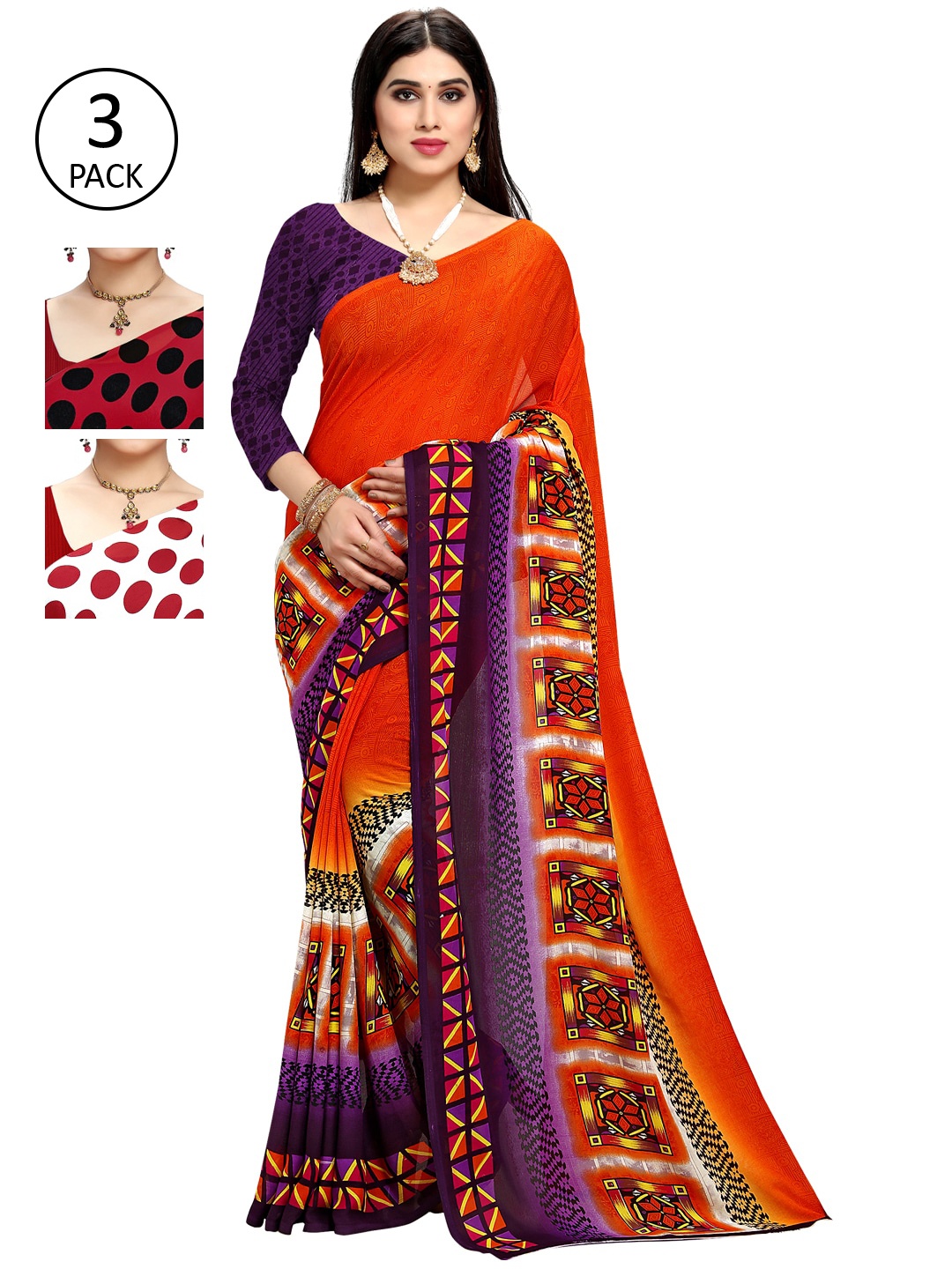 

KALINI Multicolor Georgette Printed Daily Wear Saree With Unstitched Blouse(Pack of 3), Orange