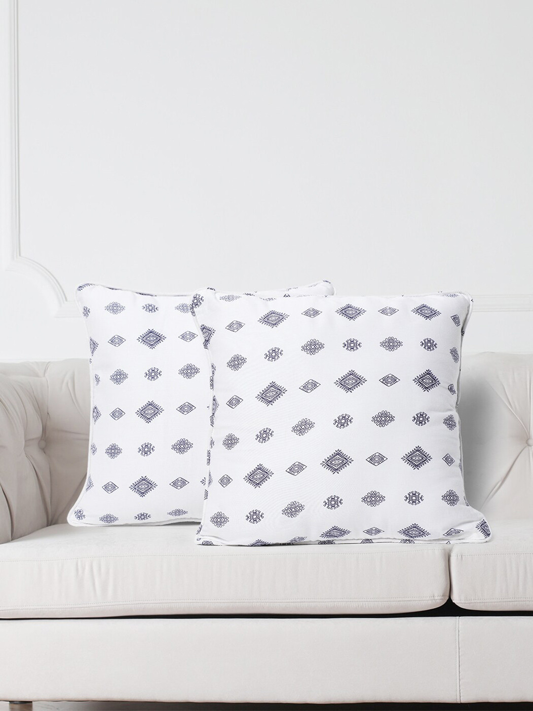 

SWAYAM White & Blue Set of 2 Ethnic Motifs Square Cushion Covers
