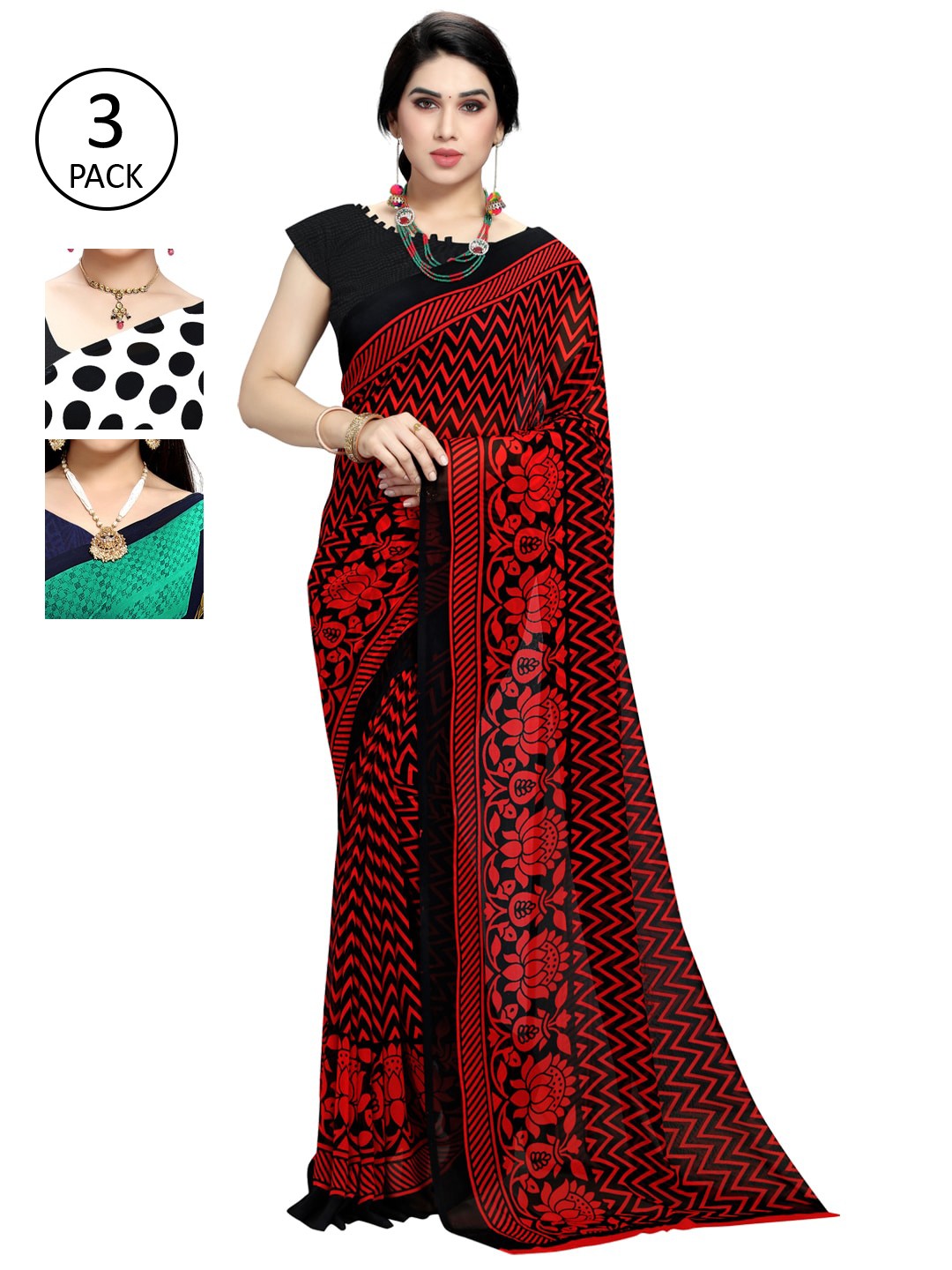 

KALINI Pack of 3 Printed Saree, Red