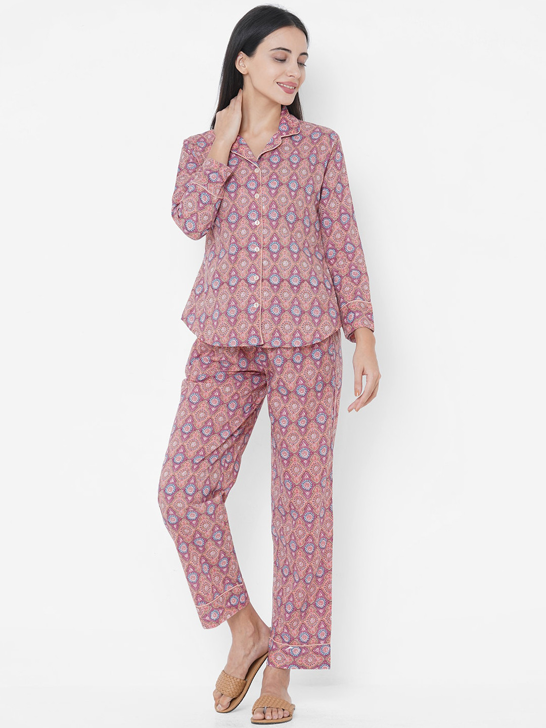 

FASHOR Women Pink & Blue Printed Cotton Night suit