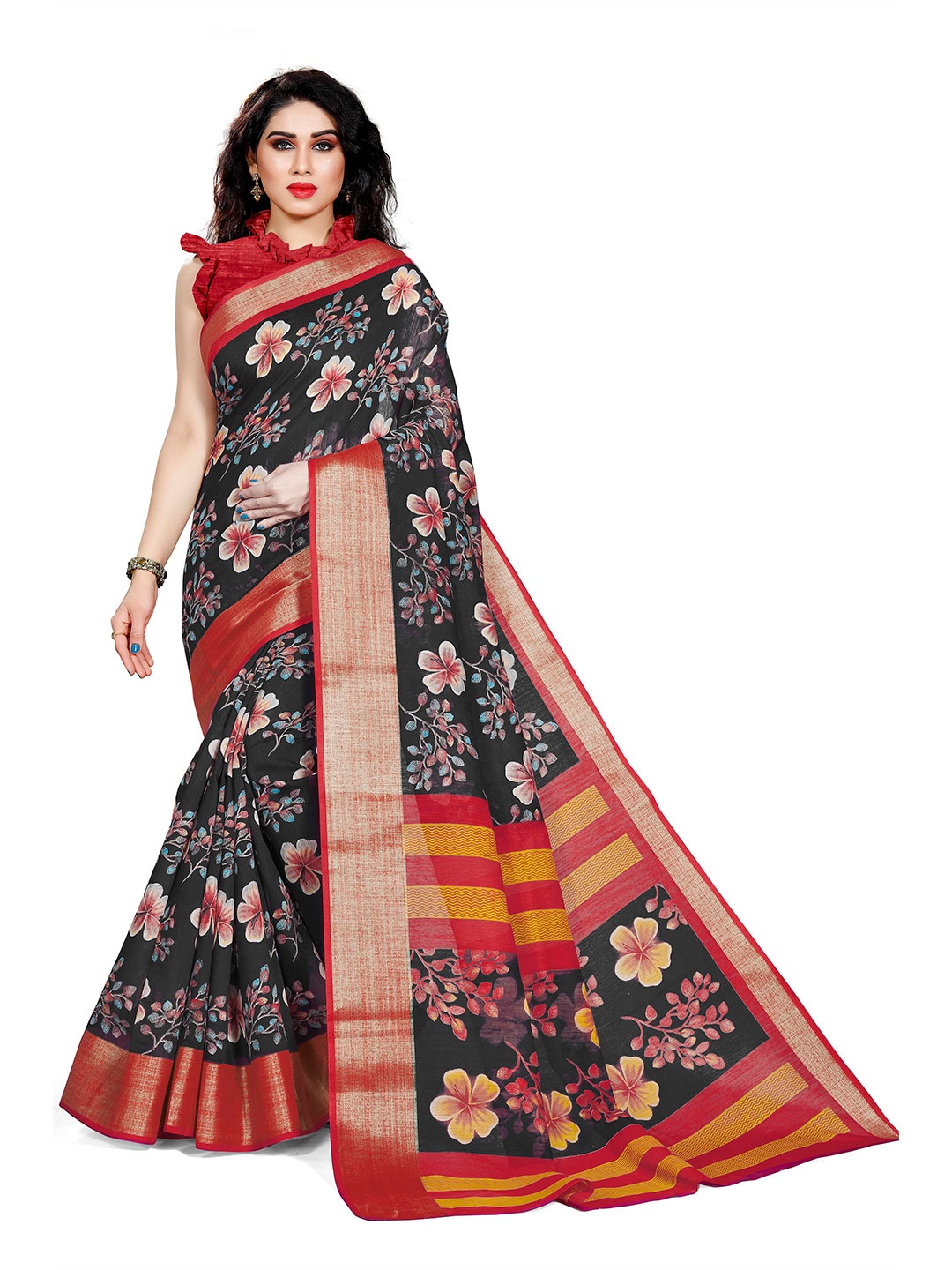 

KALINI Black & Red Floral Bagh Saree