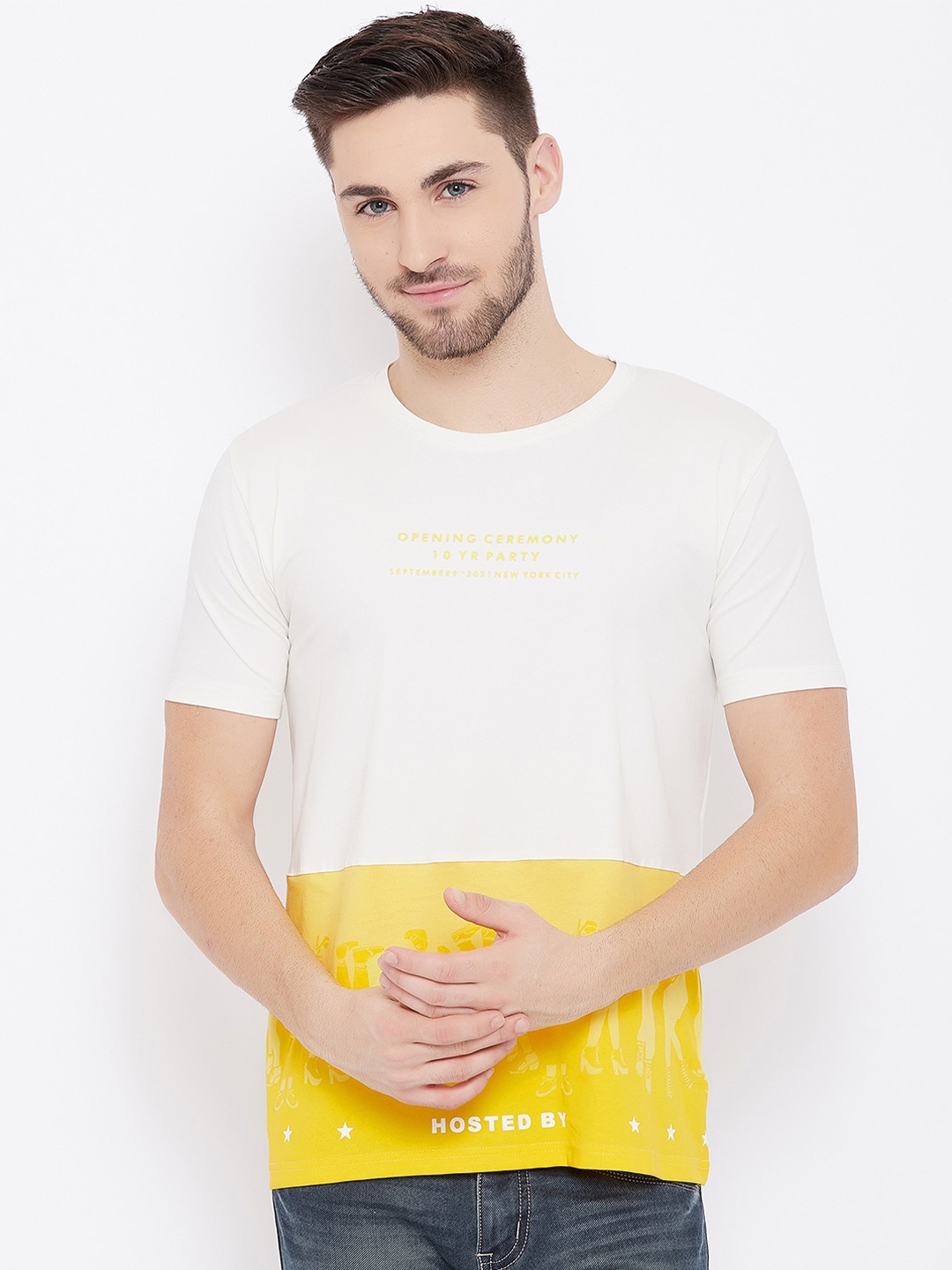 

Duke Men Yellow & White Colourblocked Slim Fit Cotton T-shirt