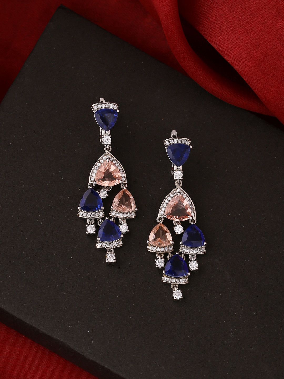 

Tistabene Rhodium-Plated, Blue & Pink Stone Studded Contemporary Drop Earrings