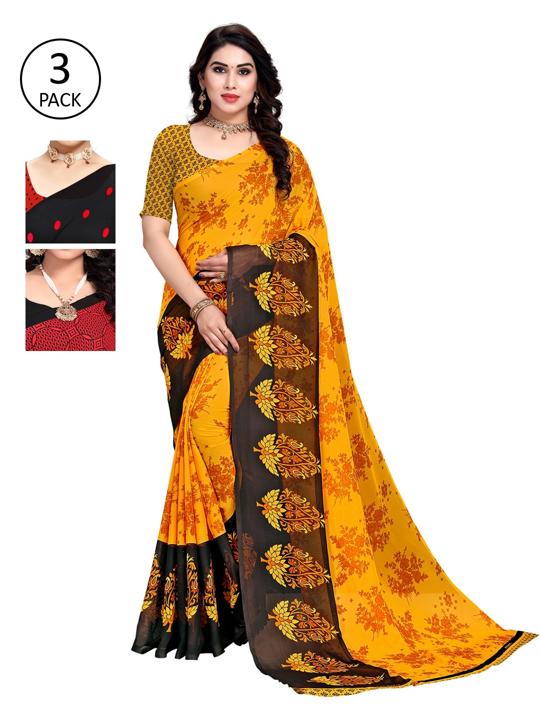 

KALINI Pack of 3 Poly Georgette Sarees, Black