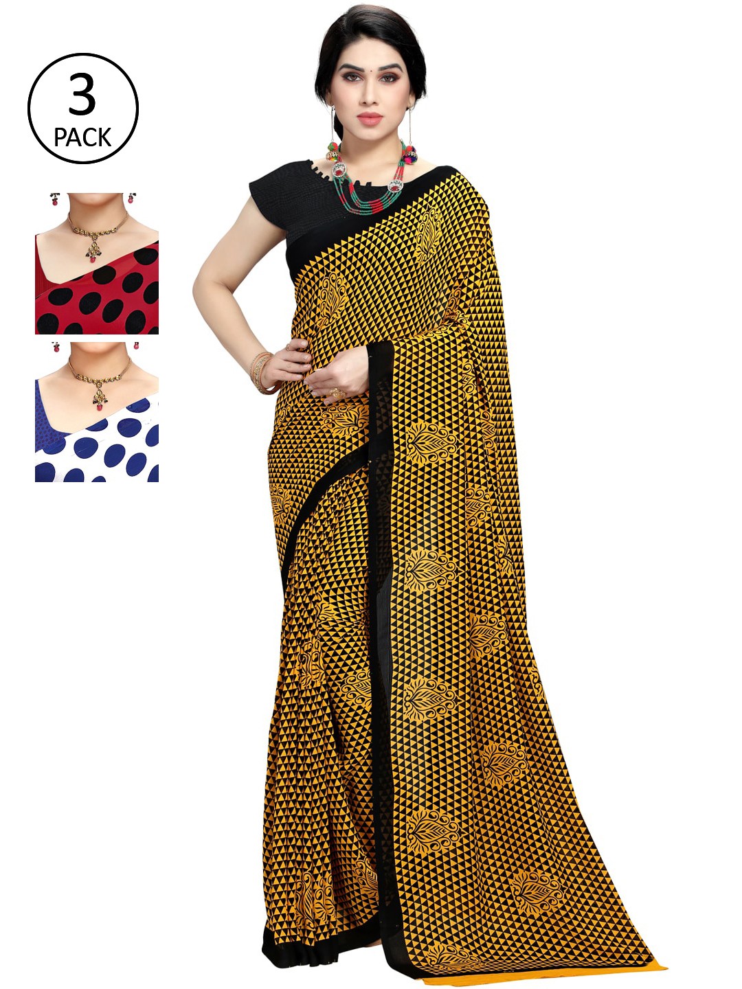 

KALINI Multicolour Printed Poly Georgette Daily Wear Sarees-Pack of 3, Red