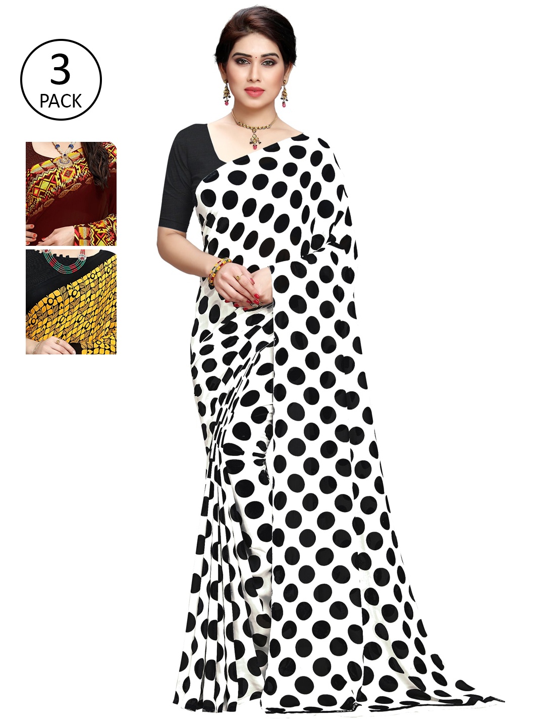 

KALINI Set of 3 White, Brown & Yellow Printed Sarees