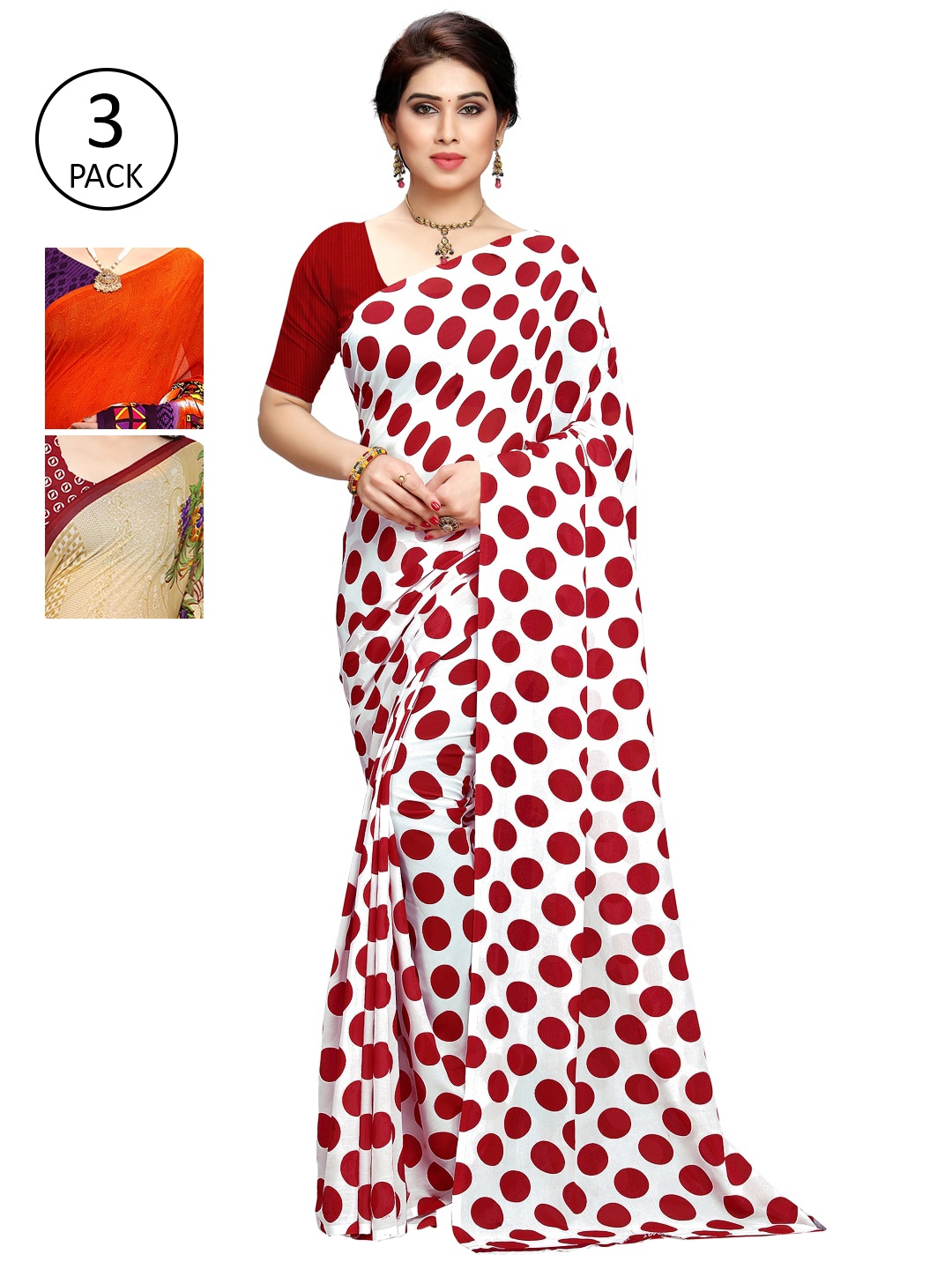 

KALINI Pack of 3 Poly Georgette Saree, Beige