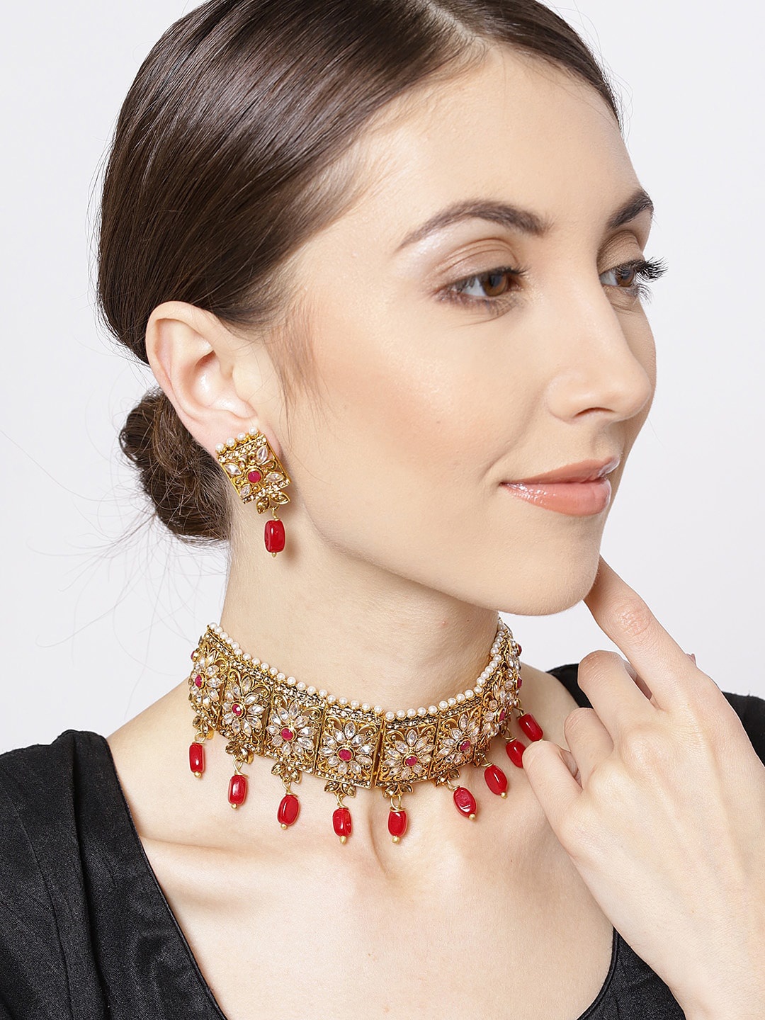Priyaasi Gold-Plated Red Stone-Studded & Beaded Handcrafted Jewellery Set