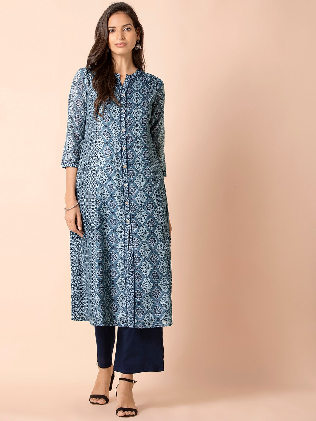 

INDYA Women Blue Ethnic Motifs Printed Flared Sleeves Thread Work Kurta
