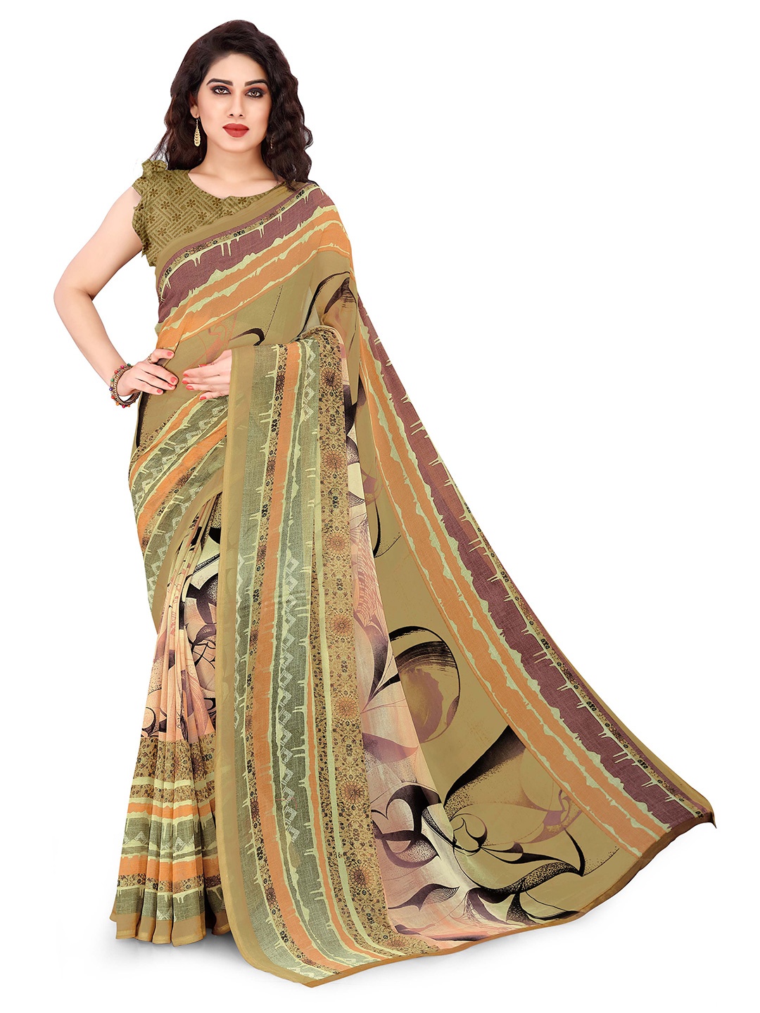 

KALINI Beige & Brown Faux Georgette Abstract Printed Saree