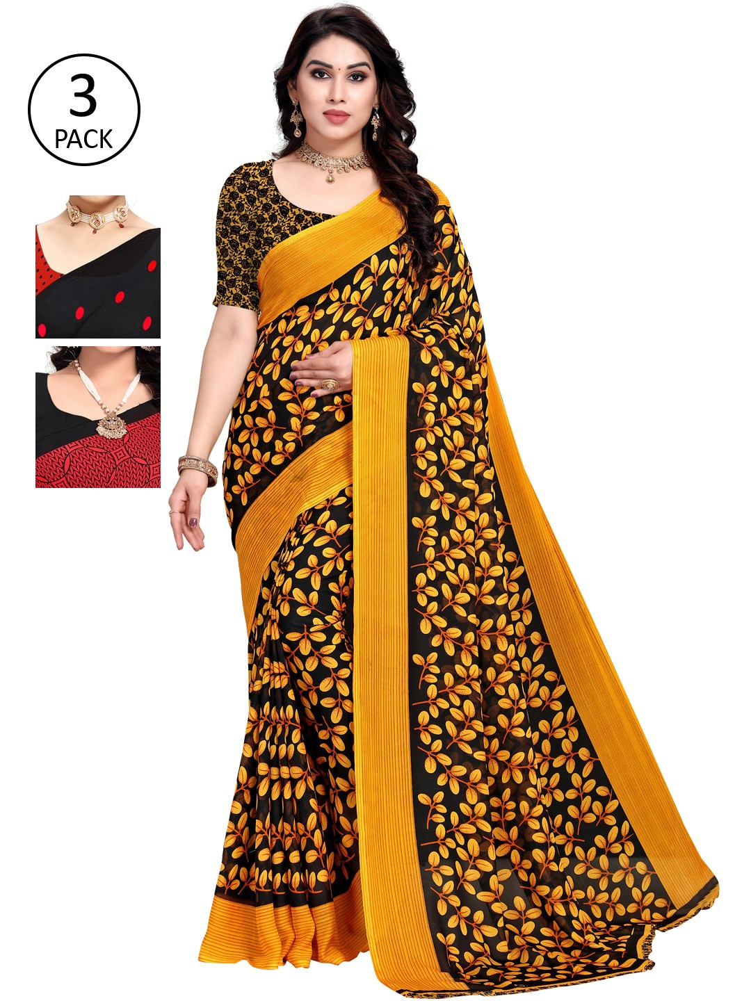 

KALINI Pack of 3 Printed Sarees, Red
