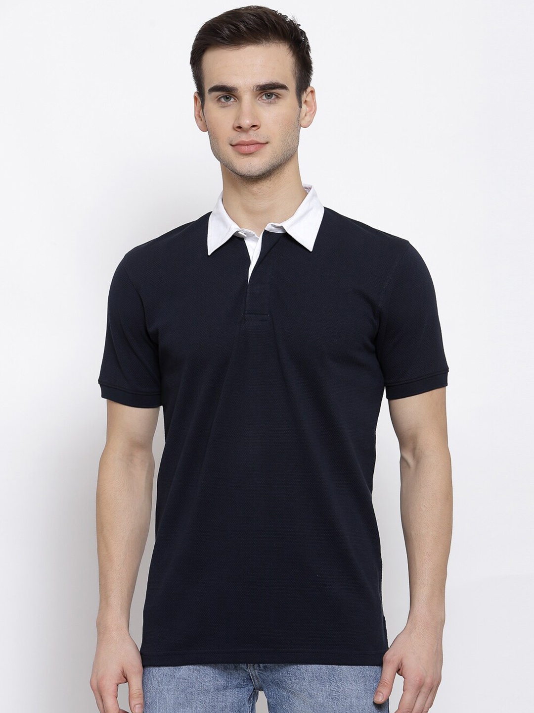 

ManQ CASUAL Men Navy Blue Polo Collar Slim Fit T-shirt