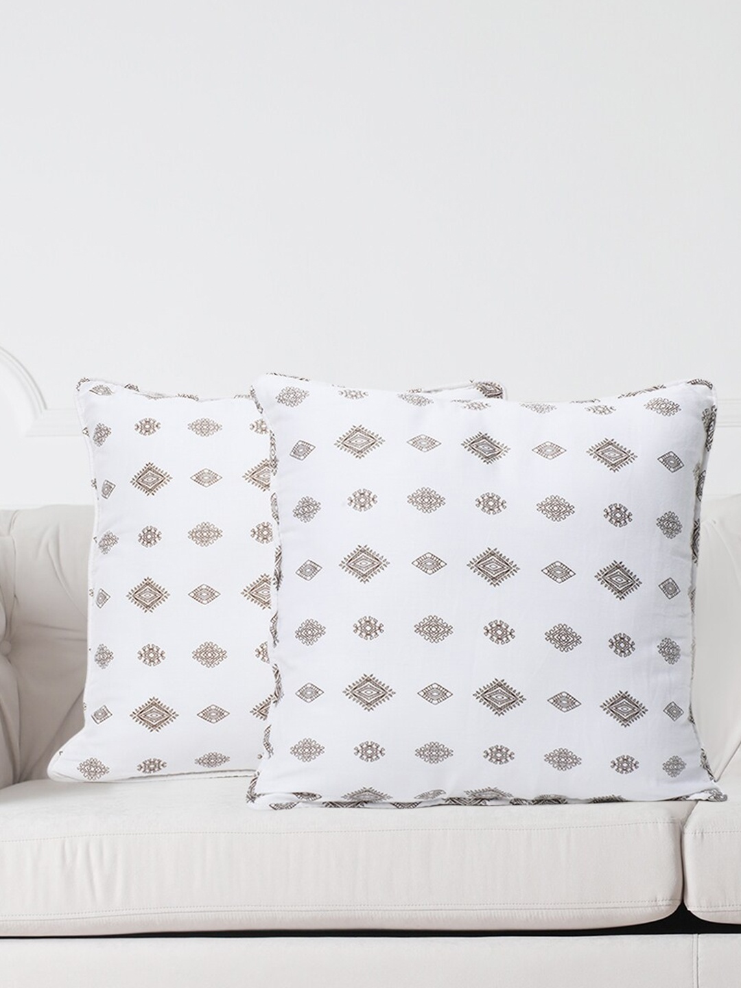 

SWAYAM White & Brown Set of 2 Ethnic Motifs Square Cushion Covers