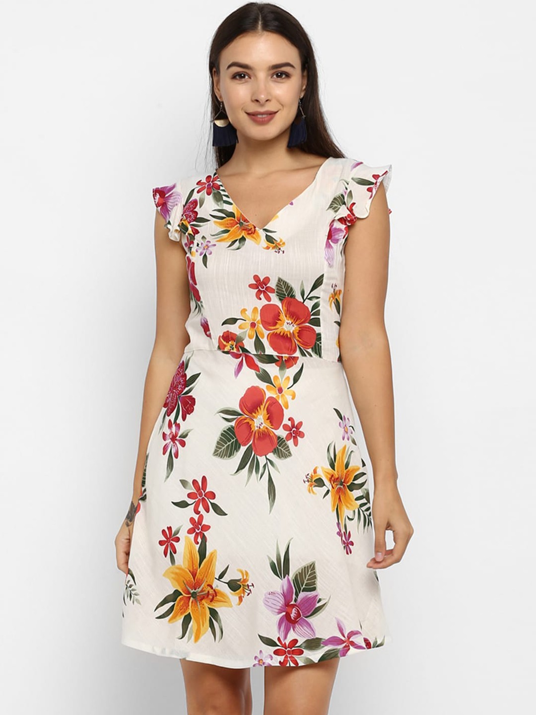 

DEEBACO White Floral Flutter Sleeves A-Line Midi Dress