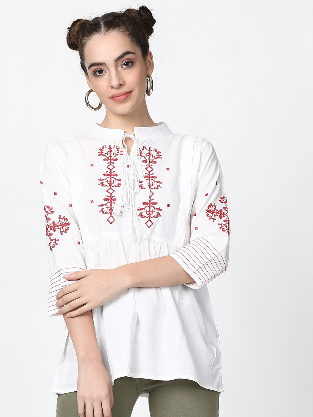 

V2 Value & Variety White Floral Embroidered Tie-Up Neck Empire Top