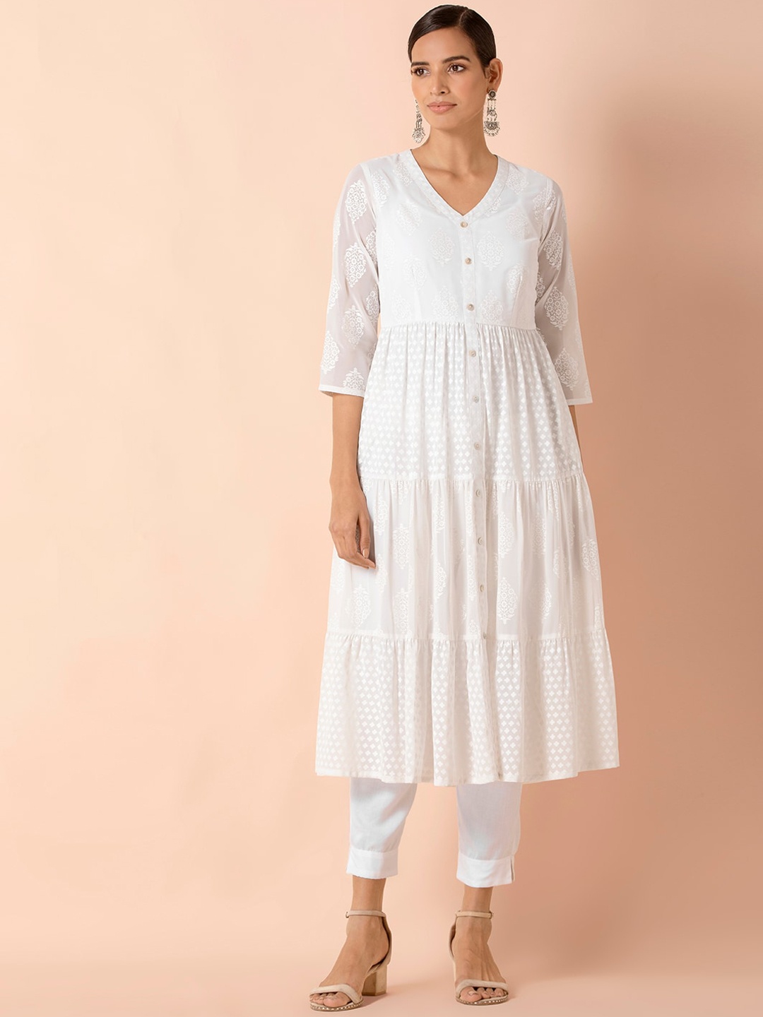 

INDYA Women White Floral Buttoned Tiered A-Line Tunic