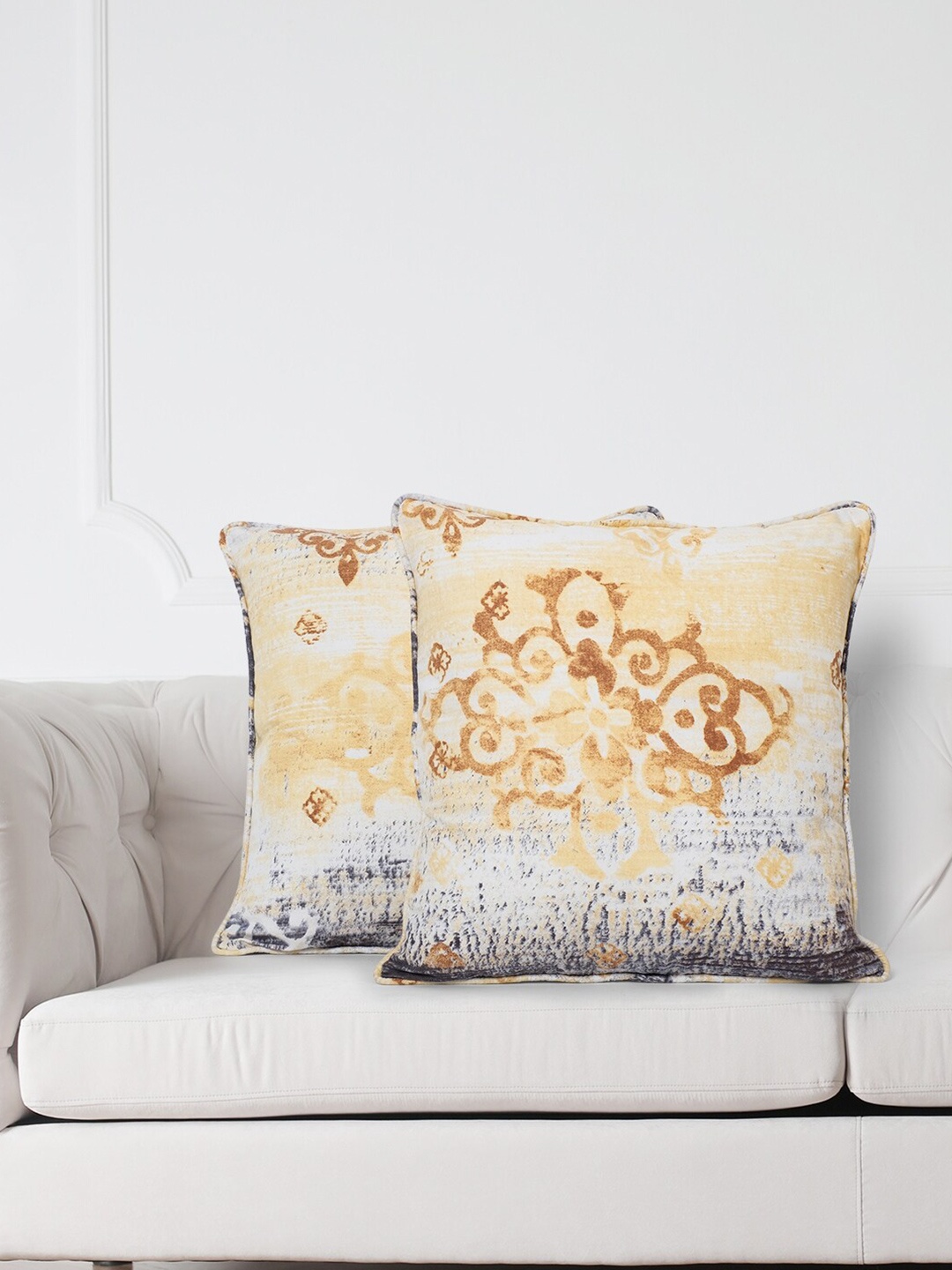 

SWAYAM White & Mustard Set of 2 Ethnic Motifs Square Cushion Covers