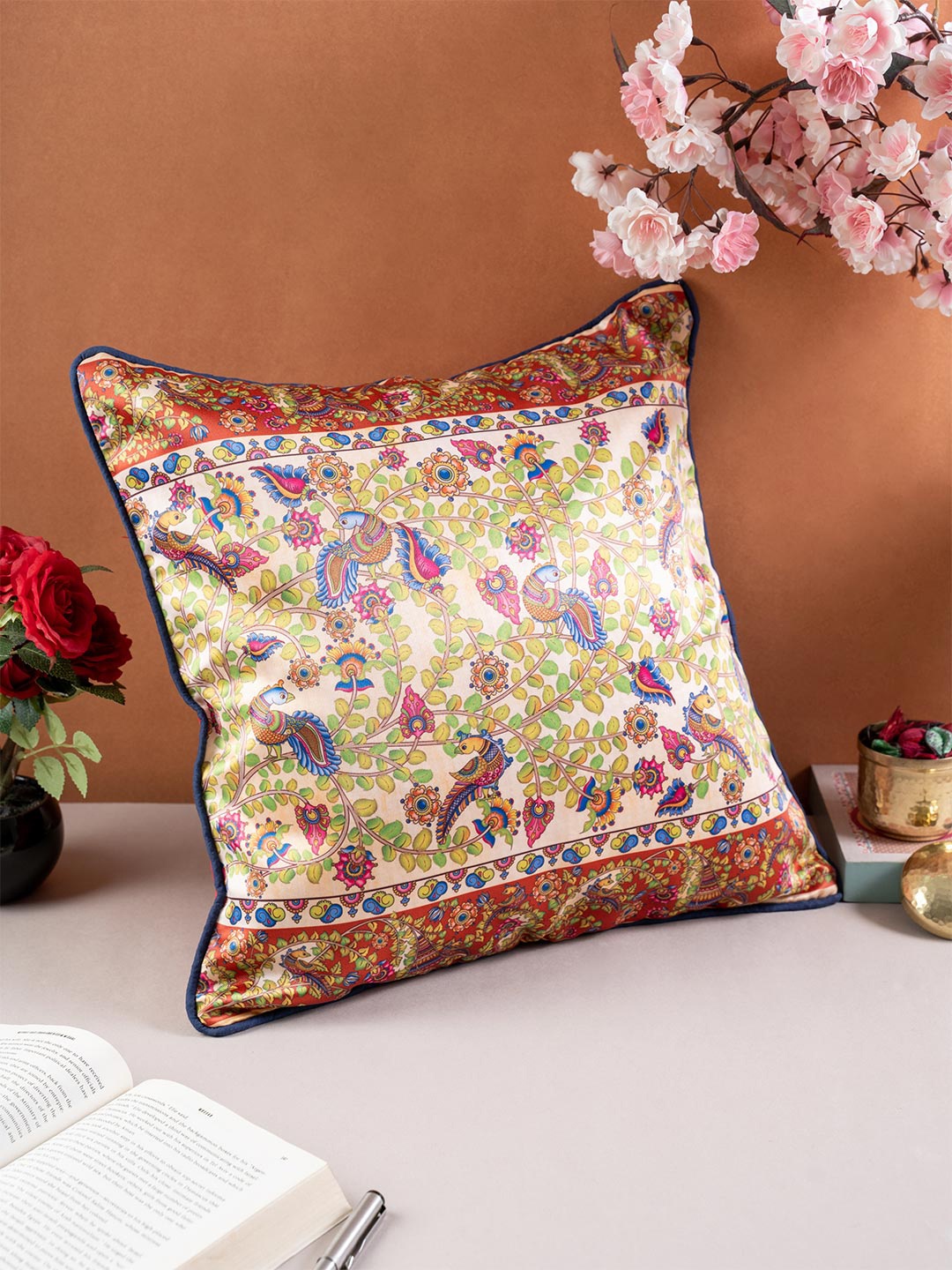 

KOLOROBIA White & Green Ethnic Motifs Satin Square Cushion Cover