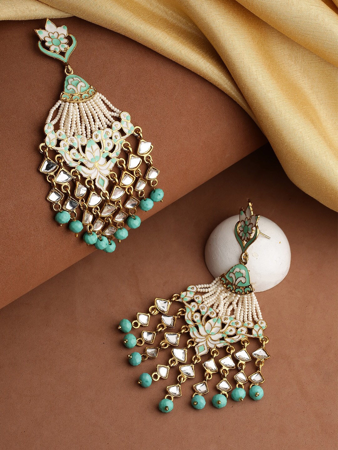 

Priyaasi Gold-Toned & Sea Green Floral Drop Earrings