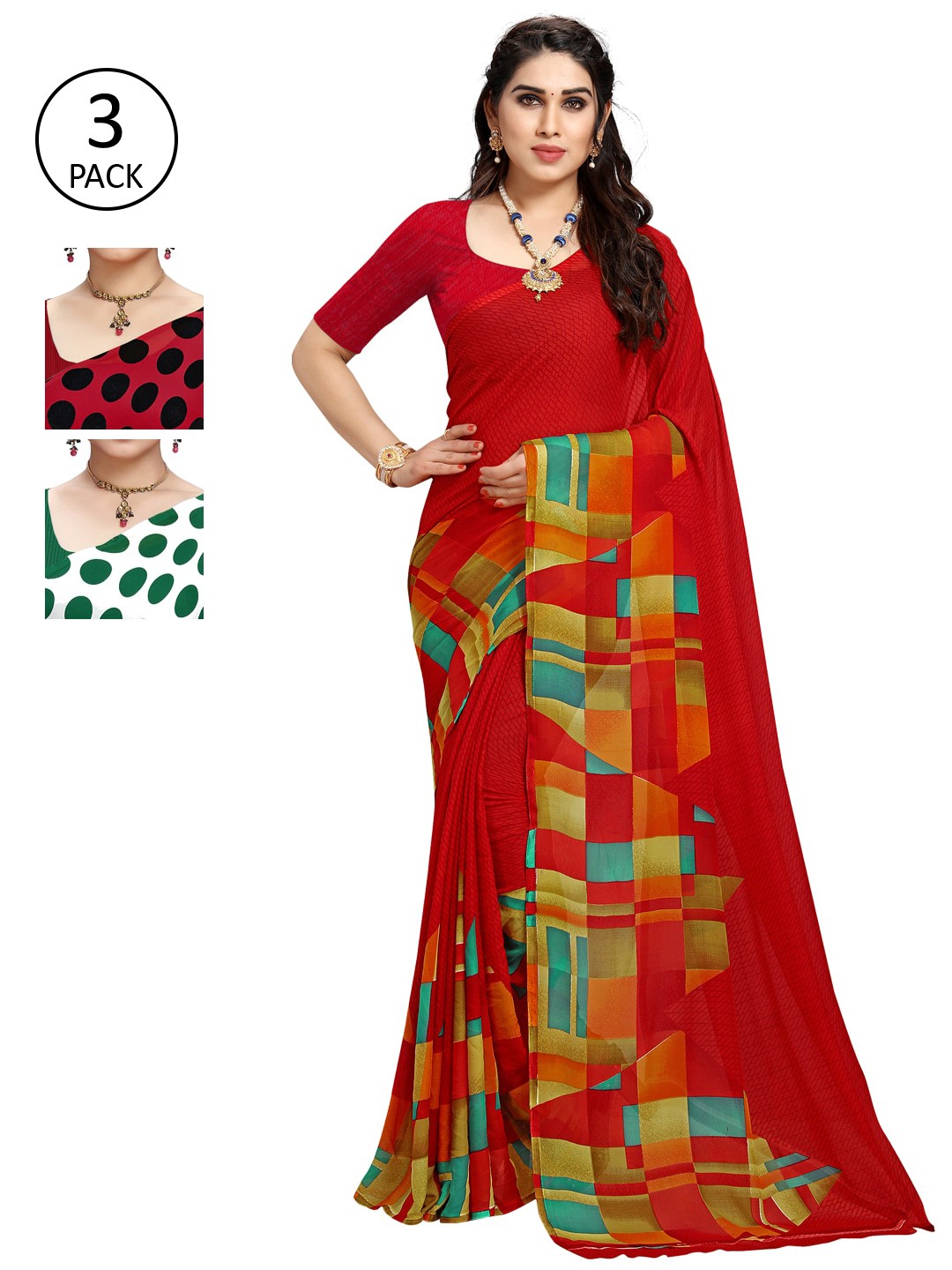 

KALINI Pack Of 3 Printed Sarees, Red