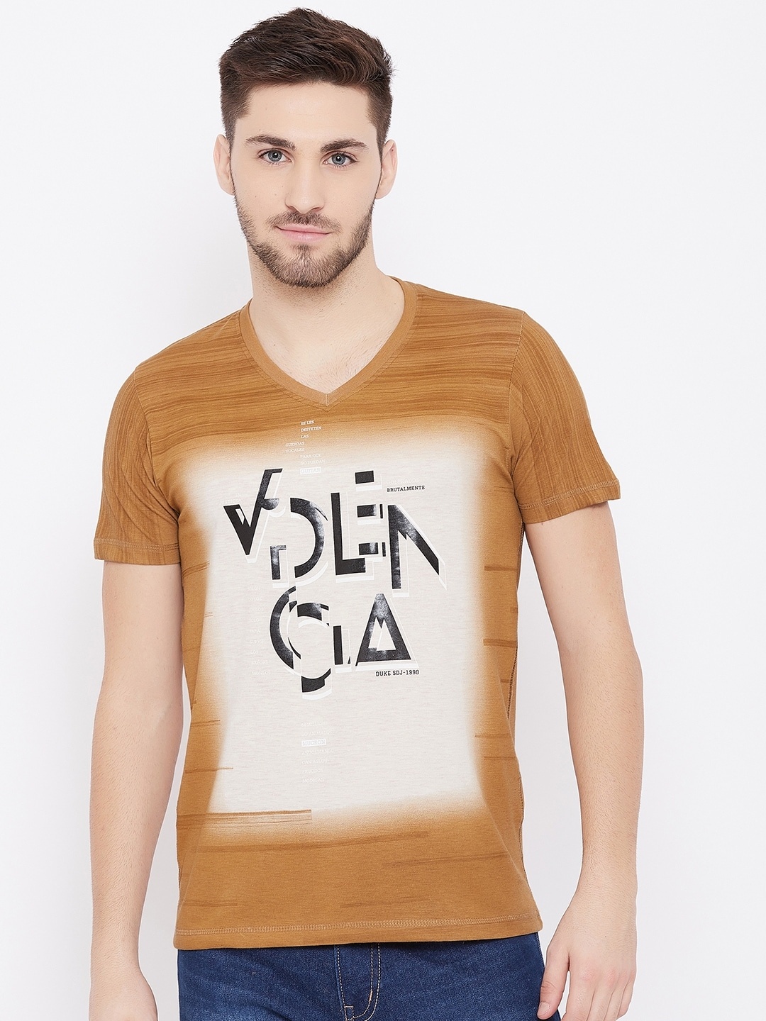 

Duke Men Beige & White Typography Printed V-Neck Slim Fit T-shirt
