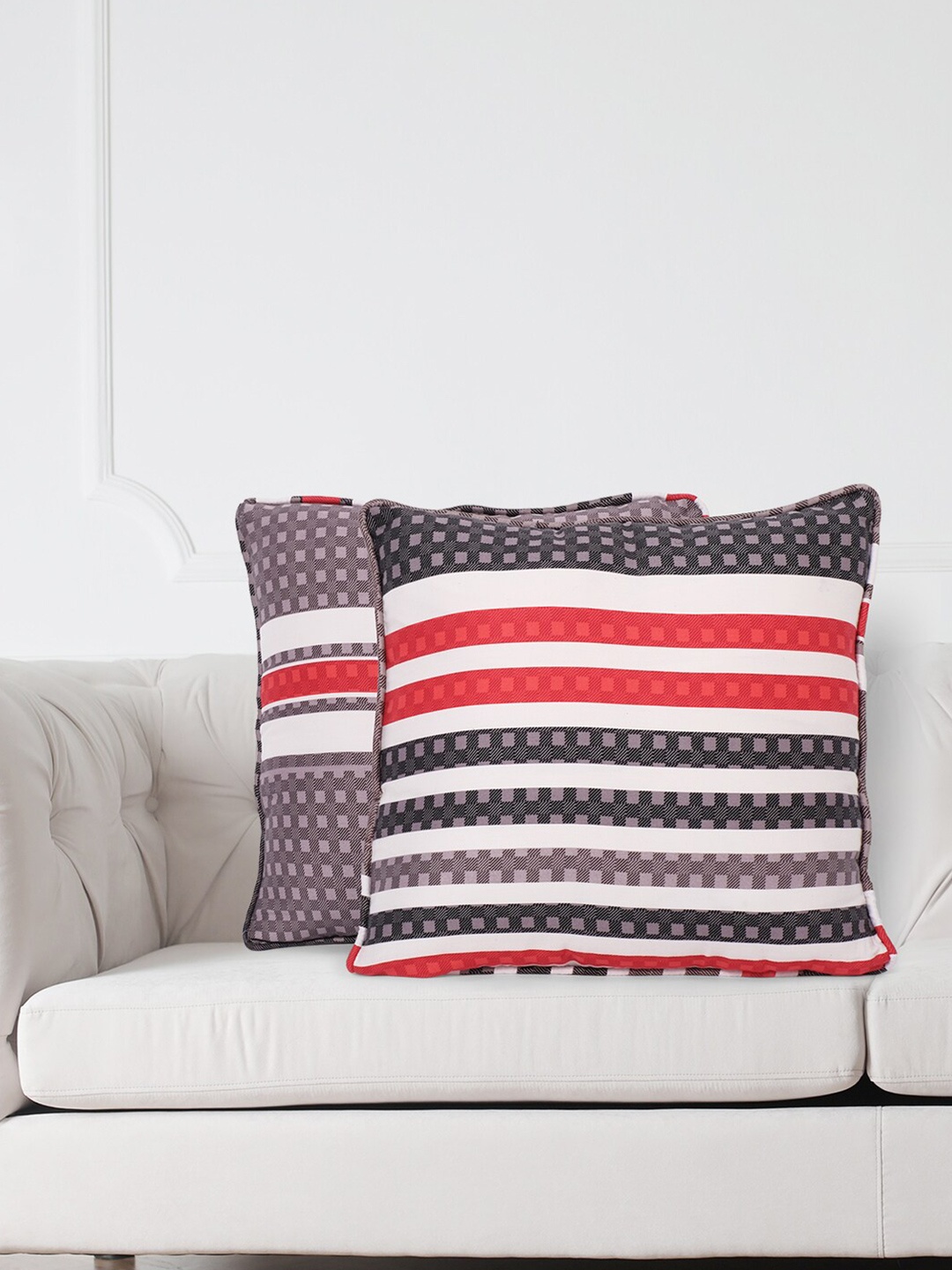 

SWAYAM Off White & Red Set of 2 Striped Square Cushion Covers