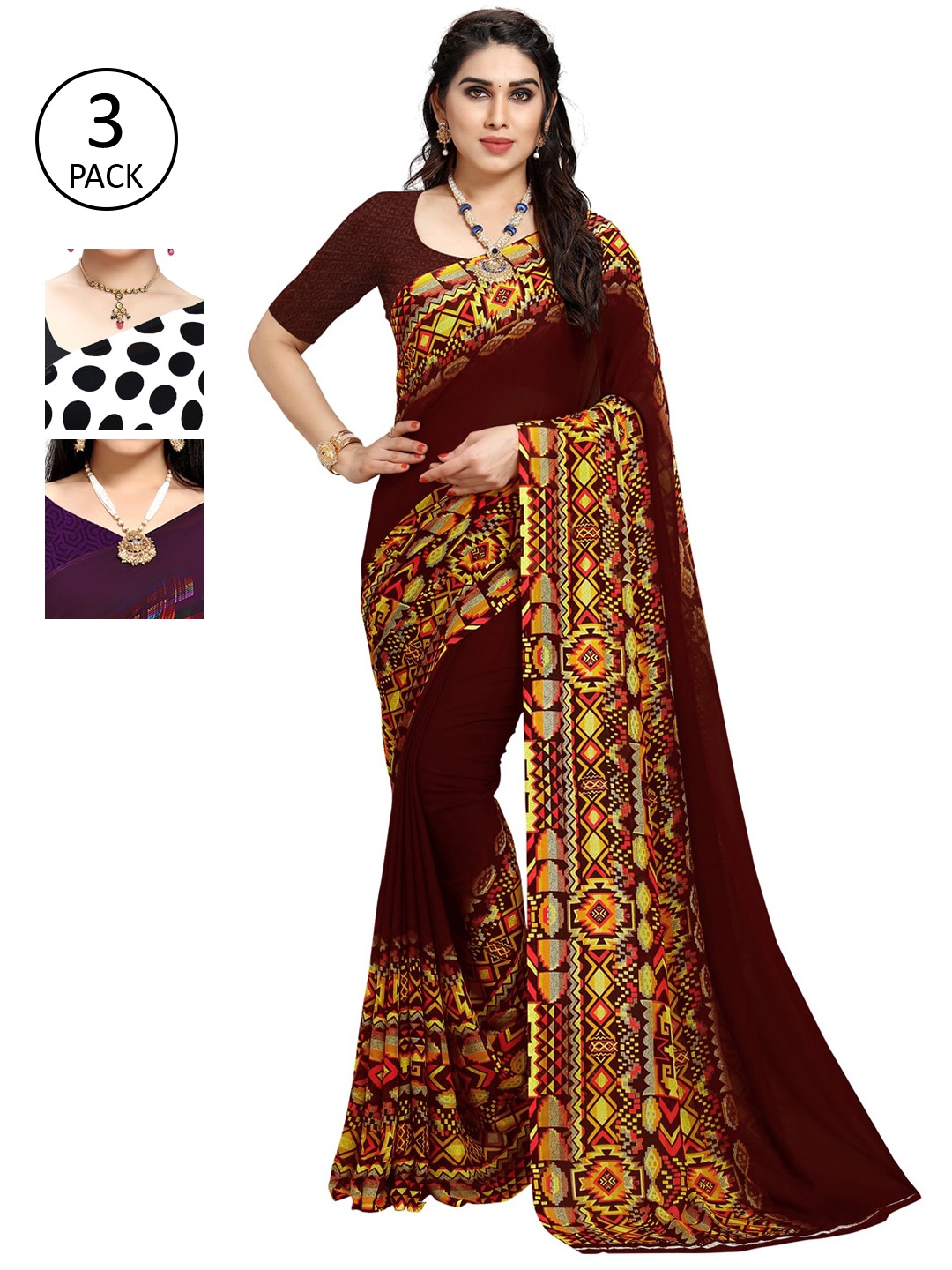 

KALINI Pack Of Three Printed Saree, White