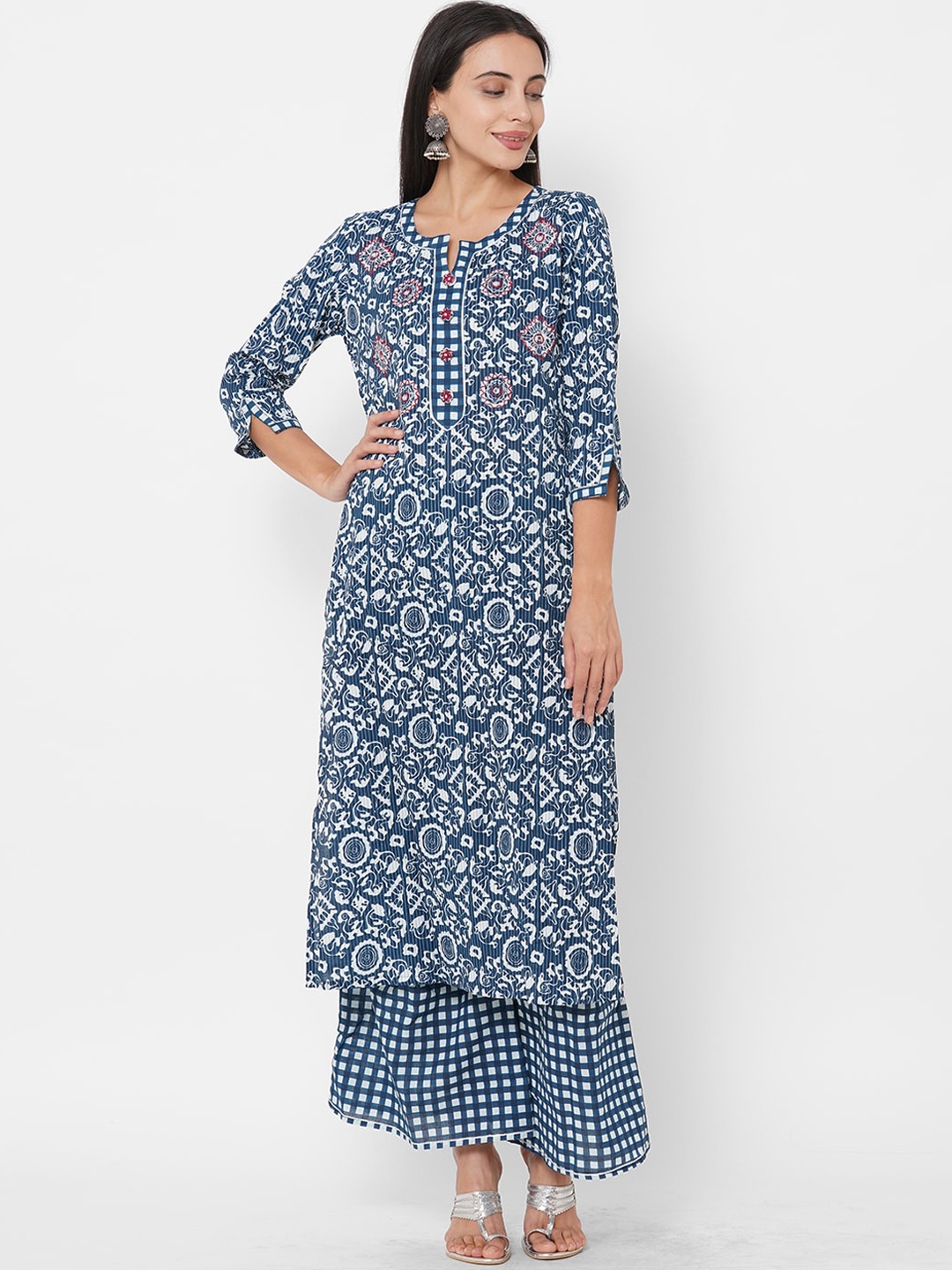 

FASHOR Women Blue Printed Pure Cotton Kurti with Trousers