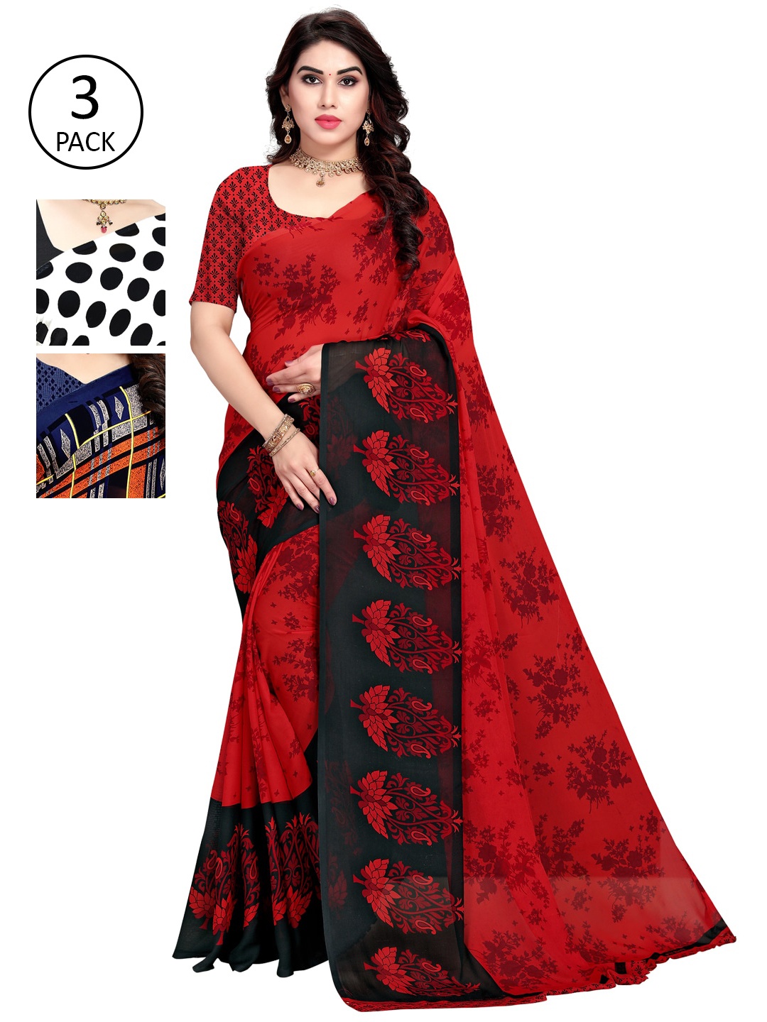 

KALINI Women Pack Of 3 Printed Poly Georgette Saree, White
