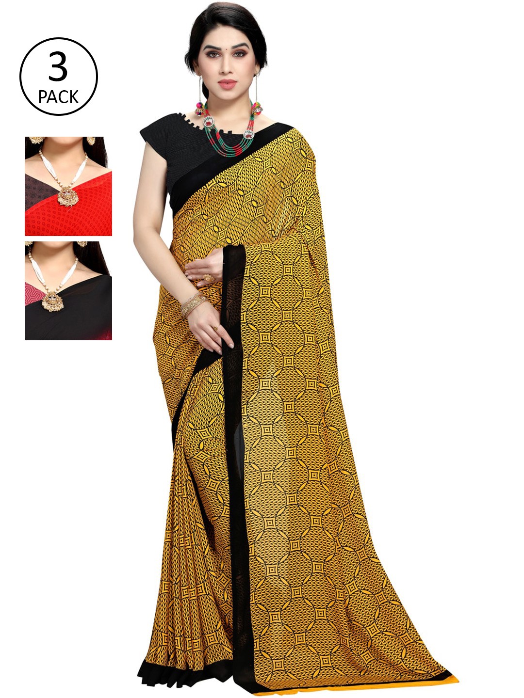 

KALINI Red & Pink Pack of 3 Printed Sarees