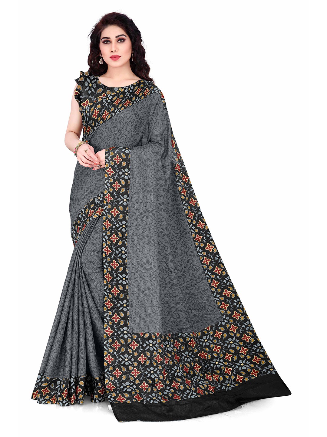 

KALINI Grey & Black Floral Supernet Bagh Saree