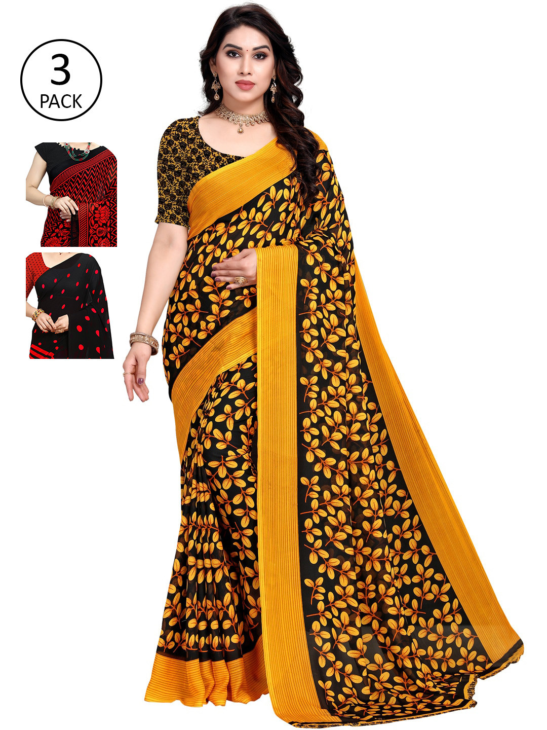 

KALINI Women Women Pack of 3 Printed Sarees, Red