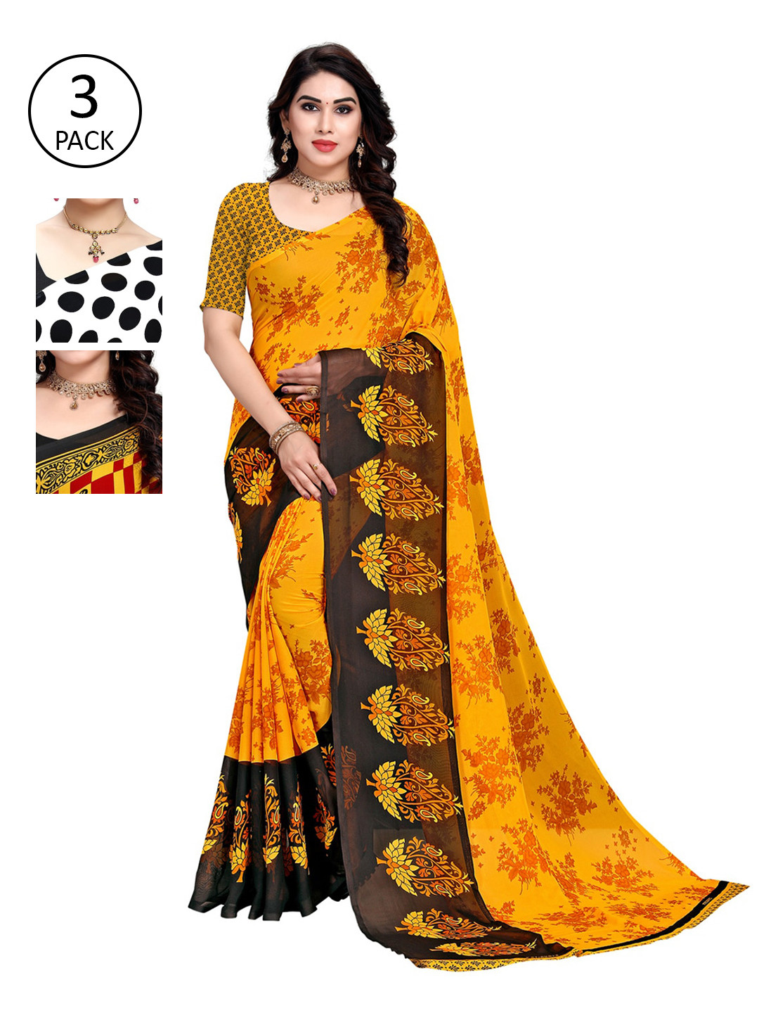 

KALINI Women Pack of 3 Multicolor Poly Georgette Printed Saree, White