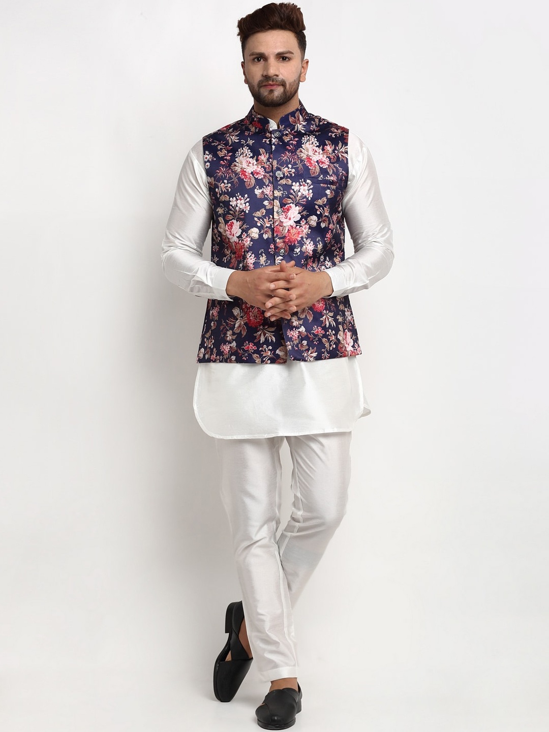 

Benstoke Men White Layered Dupion Silk Kurta with Pyjamas